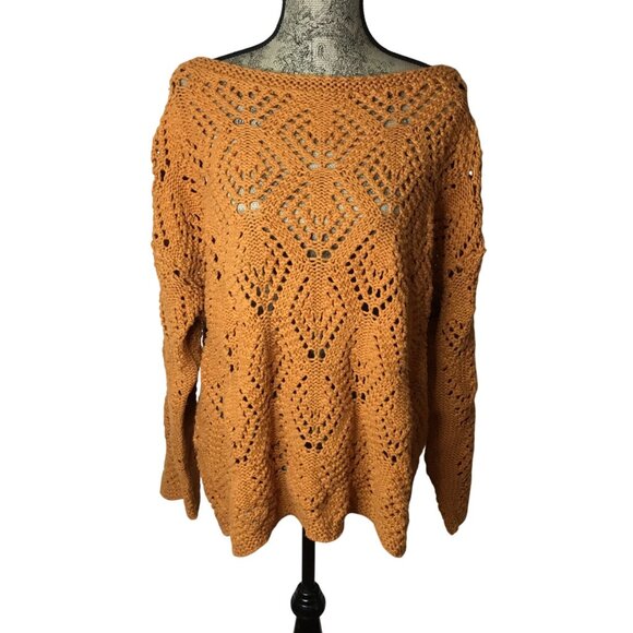 525 AMERICA Crochet Cotton Sweater Rustic Farmhouse Cottagecore Knit BohoTop OS - Picture 1 of 7